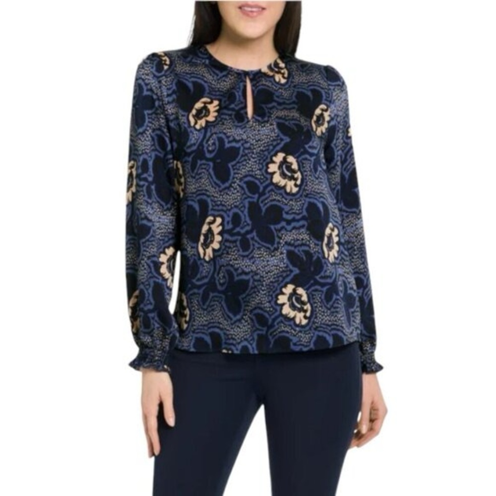 Ted Baker Blue Dotti Floral Keyhole Neck Long Sleeve Blouse
